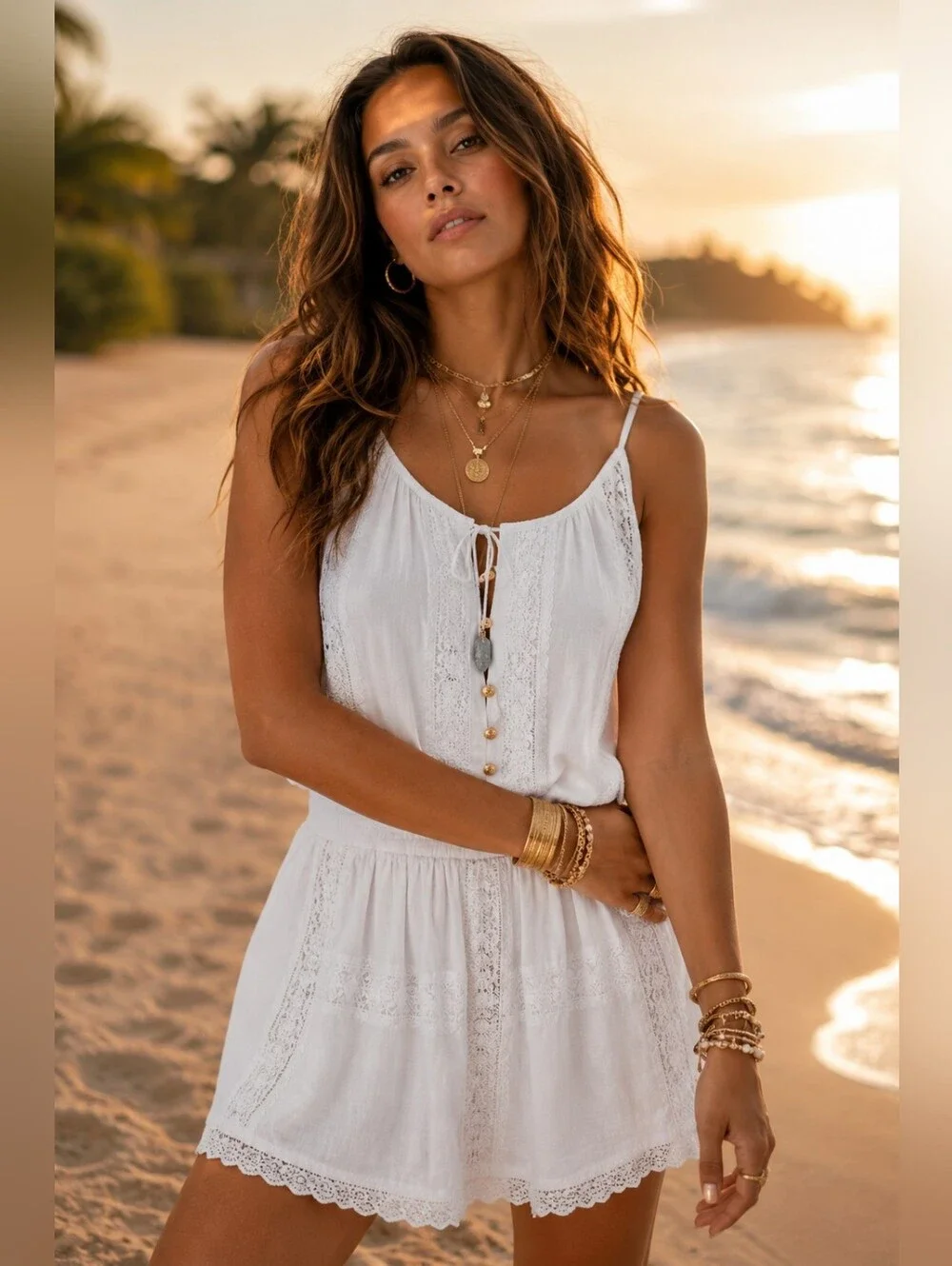 Melissa Odabash Ivory Lace-Trim Sleeveless Dress. - Picture 1 of 9
